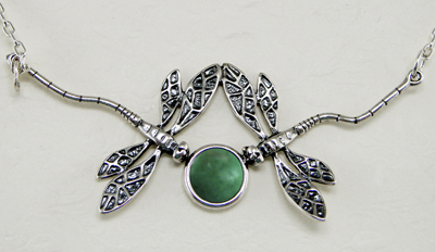 Sterling Silver Double Dragonfly Necklace With Green Turquoise